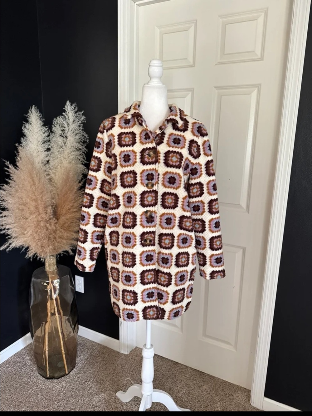 Carre Noir "Retro" Granny Square Button-Up Mid-Length Coat size Small